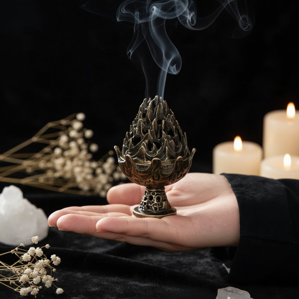 Lotus Bud Incense Burner — Hollow Alloy Cone & Stick Holder