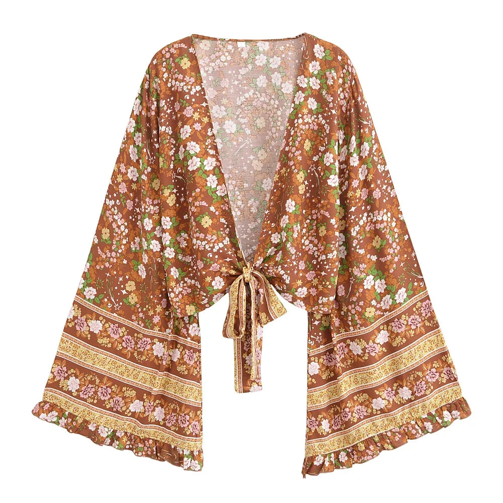 Floral Flare-Sleeve Boho Kimono Cardigan