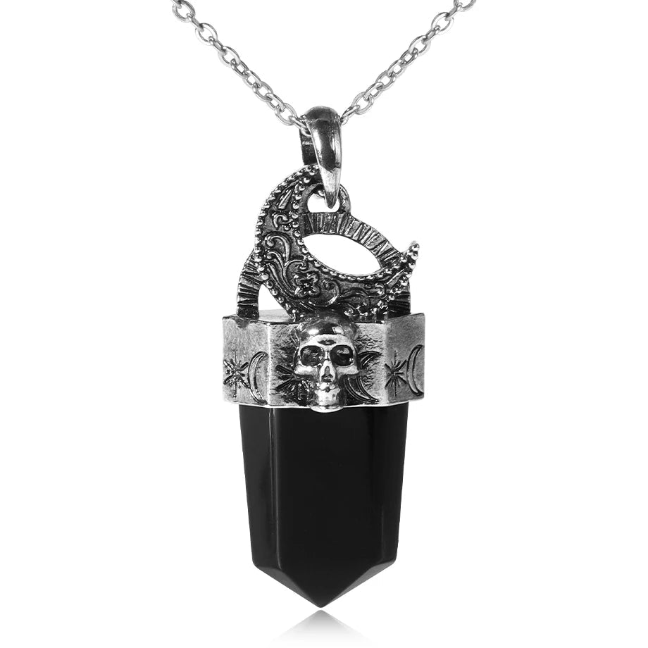 Skull & Crescent Moon Crystal Point Pendant Necklace | Natural Gemstone | Reiki Healing Jewelry