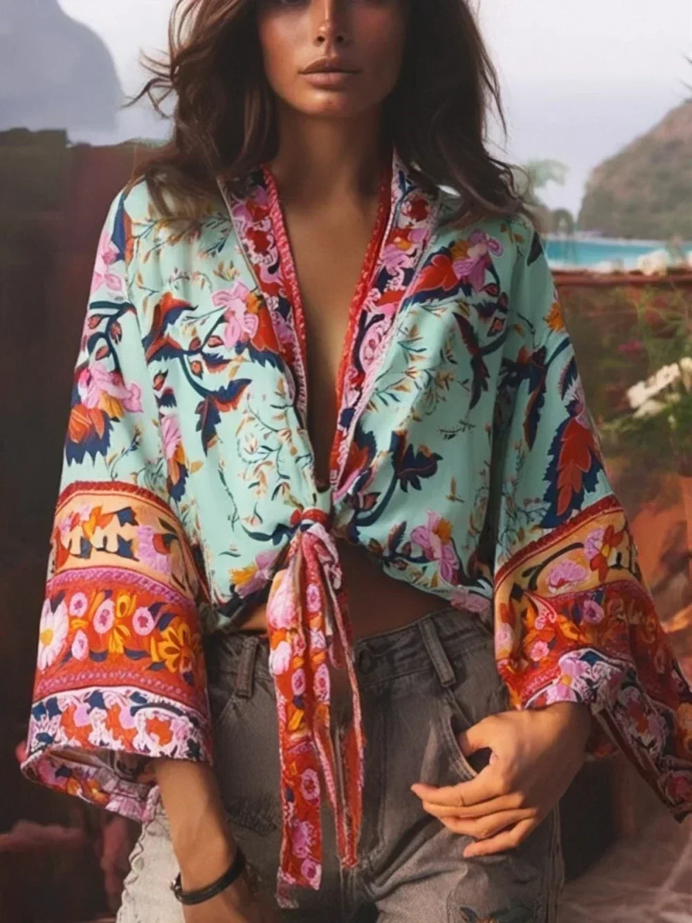 Floral Print Short Kimono with Batwing Sleeves