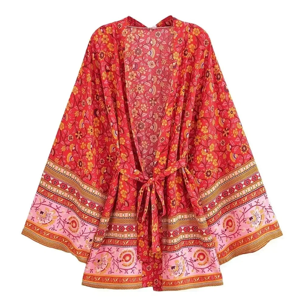 Boho Floral Batwing Short Kimono Robe