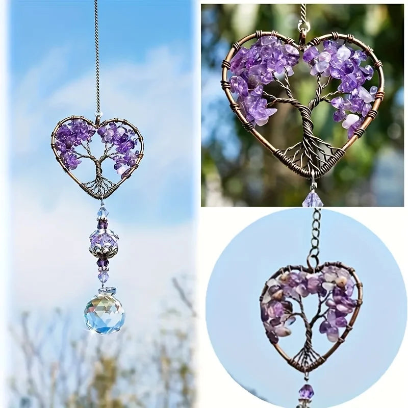 7 Chakra Tree of Life Crystal Heart Suncatcher with Rainbow Prism Ball