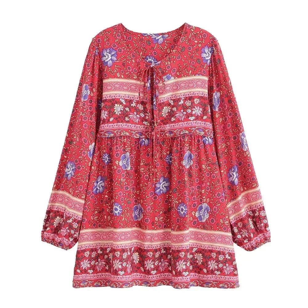 Floral Lantern Sleeve Boho Mini Dress