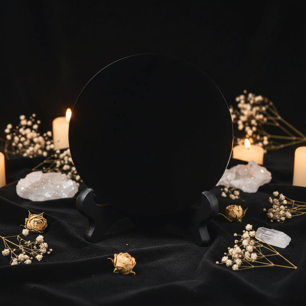 Black Obsidian Divination Mirror — 15cm Round Scrying Mirror with Stand