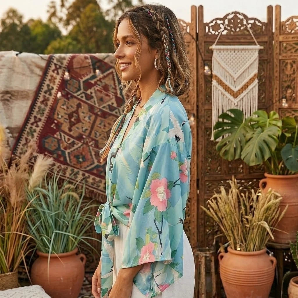 Boho Crane Floral Cropped Kimono