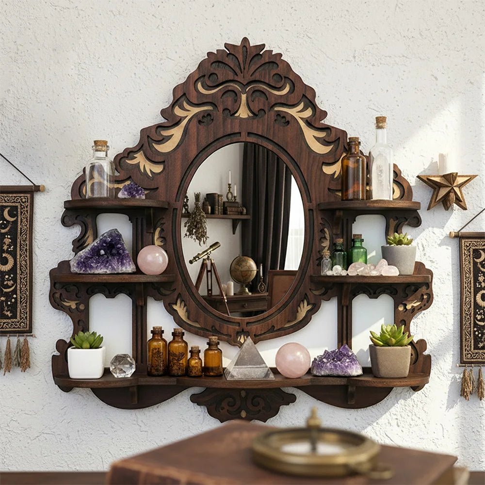 Baroque Mirror Wall Shelf – Ornate Wooden Crystal Display