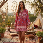 Floral Lantern Sleeve Boho Mini Dress