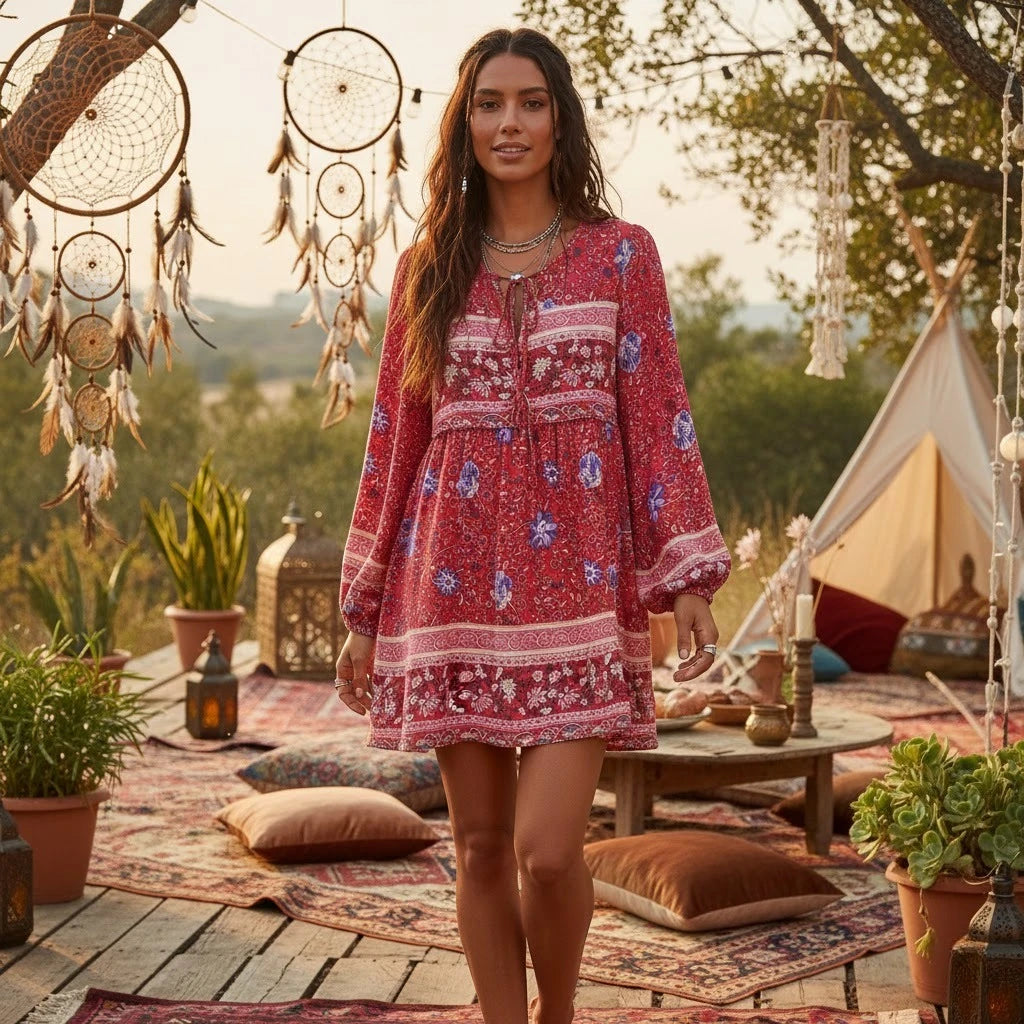 Floral Lantern Sleeve Boho Mini Dress