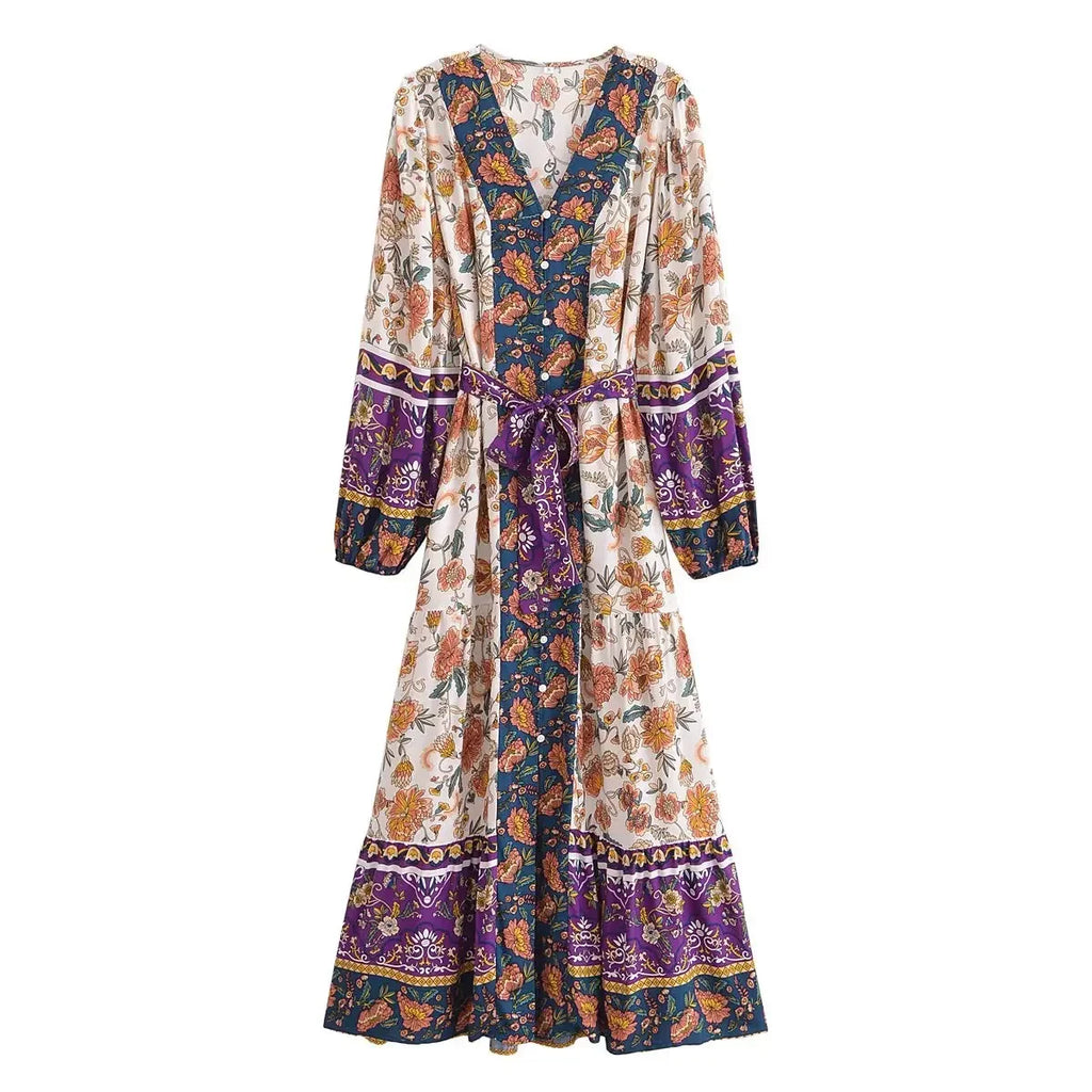 Floral Button-Front Lantern-Sleeve Boho Maxi Dress