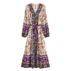 Floral Button-Front Lantern-Sleeve Boho Maxi Dress