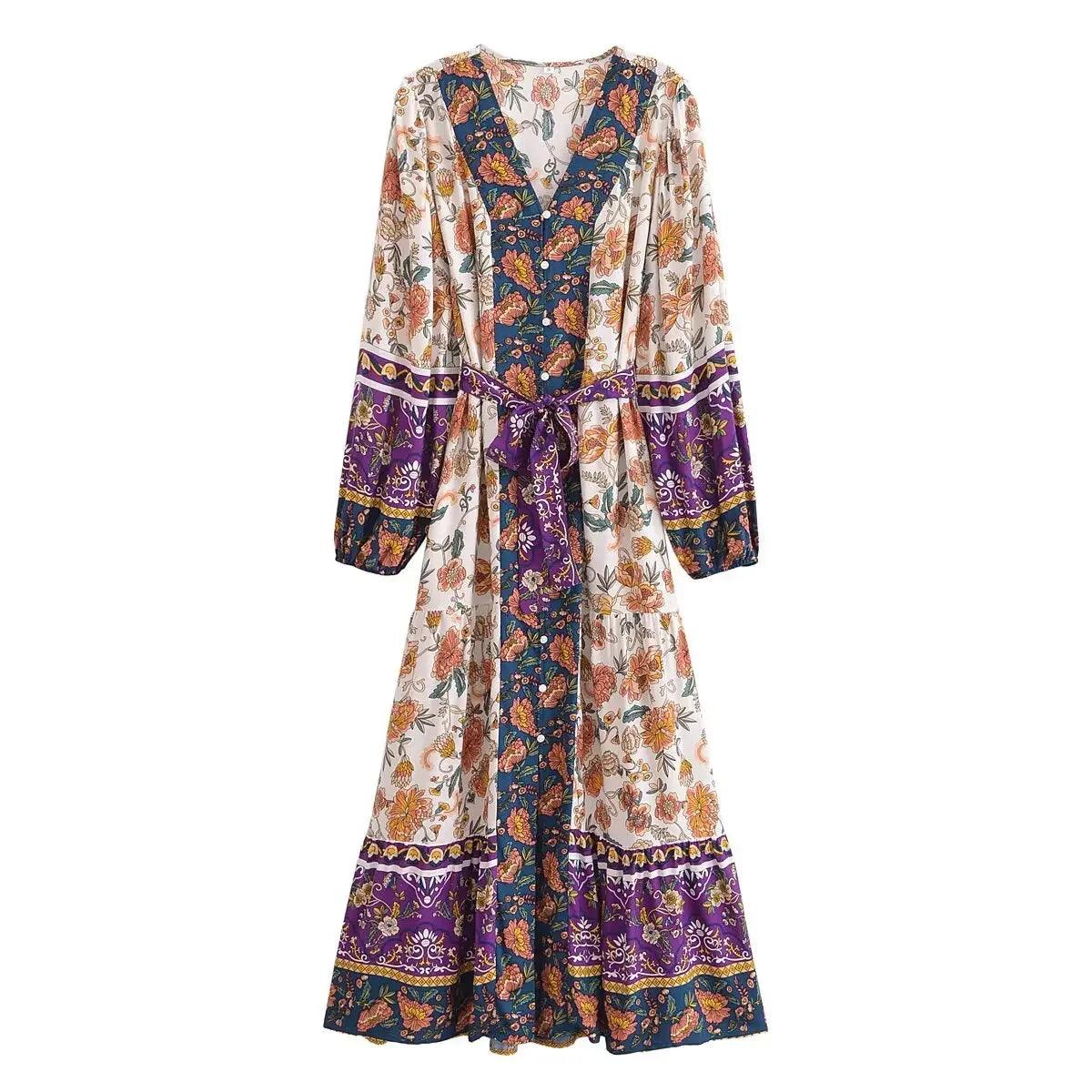 Floral Button-Front Lantern-Sleeve Boho Maxi Dress