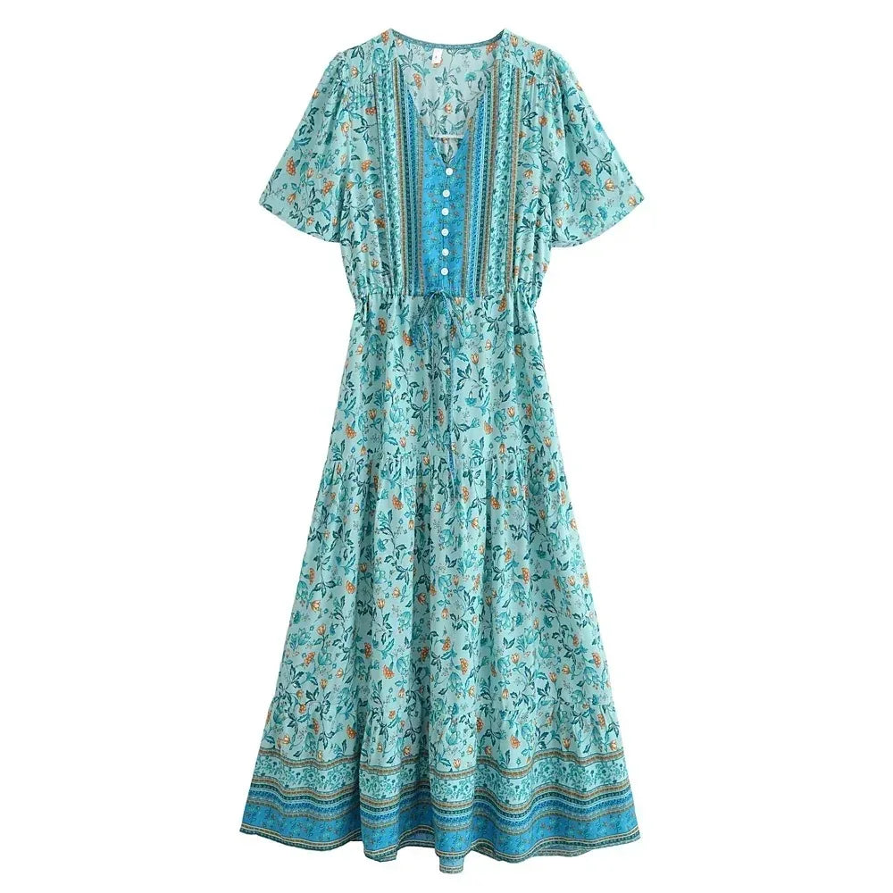 Boho Floral Button V-Neck Ruffle Sleeve Maxi Dress