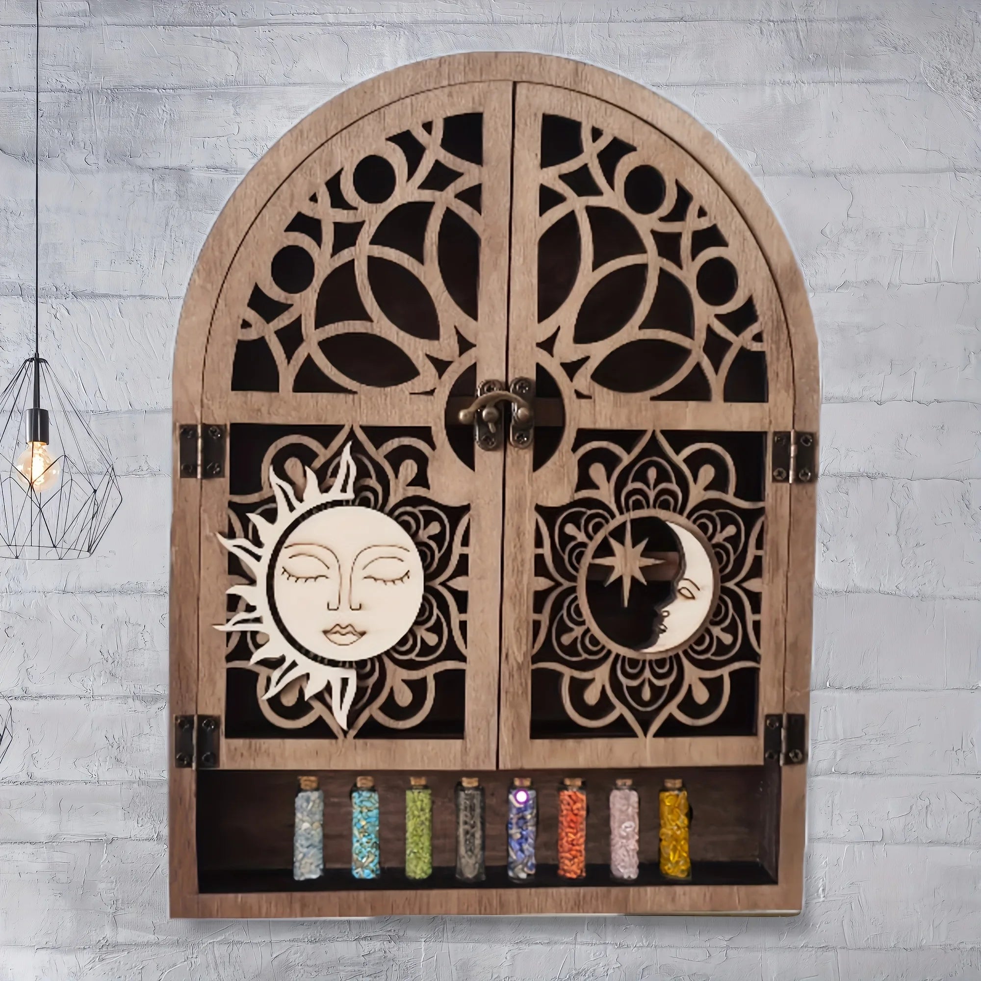Sun & Moon Crystal Display Shelf – Wooden Wall Hanging Organizer