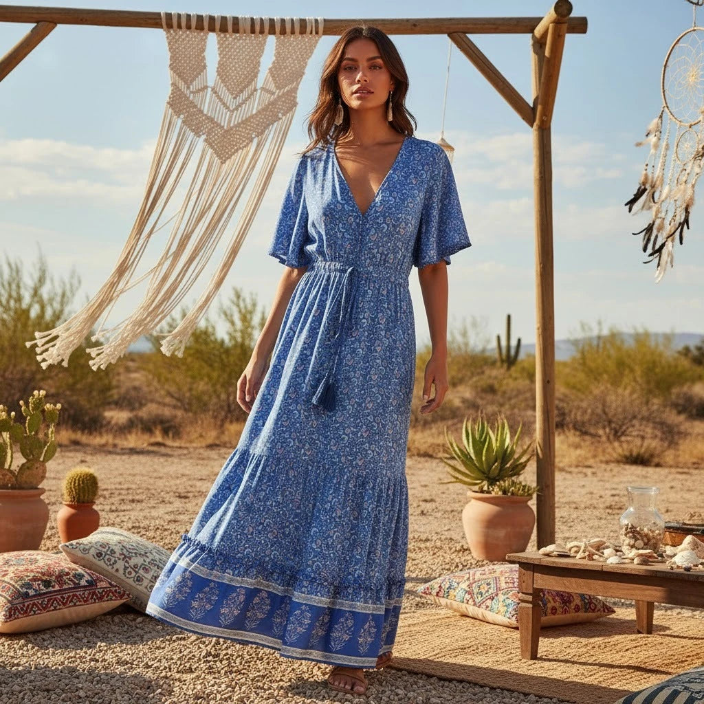Floral Print Batwing Sleeve Boho Maxi Dress with Tassel