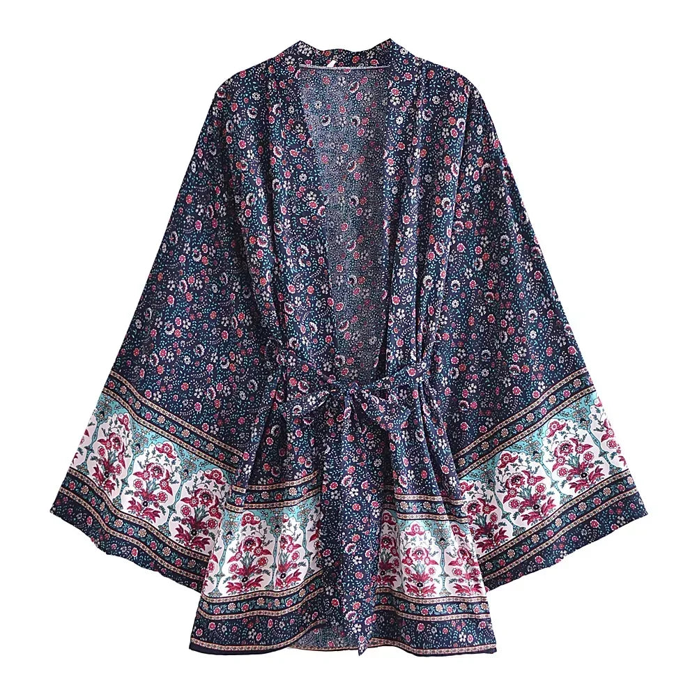Floral Boho Kimono Robe with Batwing Sleeves