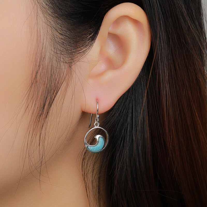 Larimar Wave Circle Drop Earrings in 925 Sterling Silver