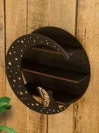 Round Moon Wall Shelf – 3-Tier Black Wooden Crystal Display