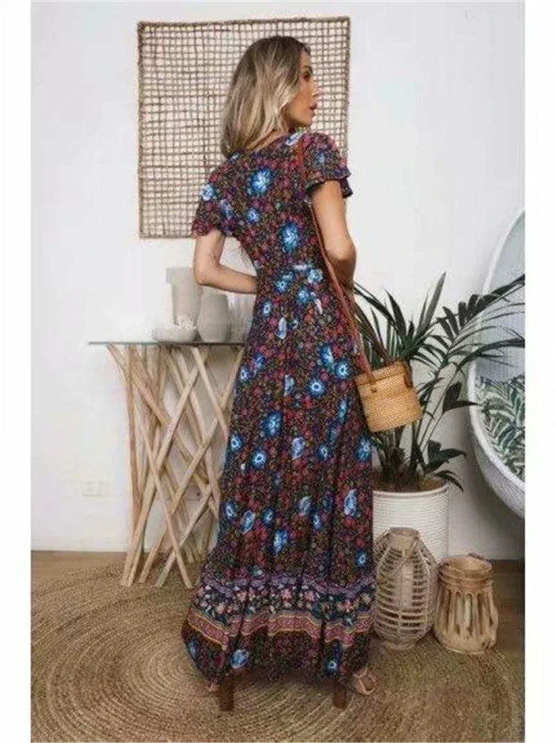 Floral Batwing Sleeve Boho Maxi Dress