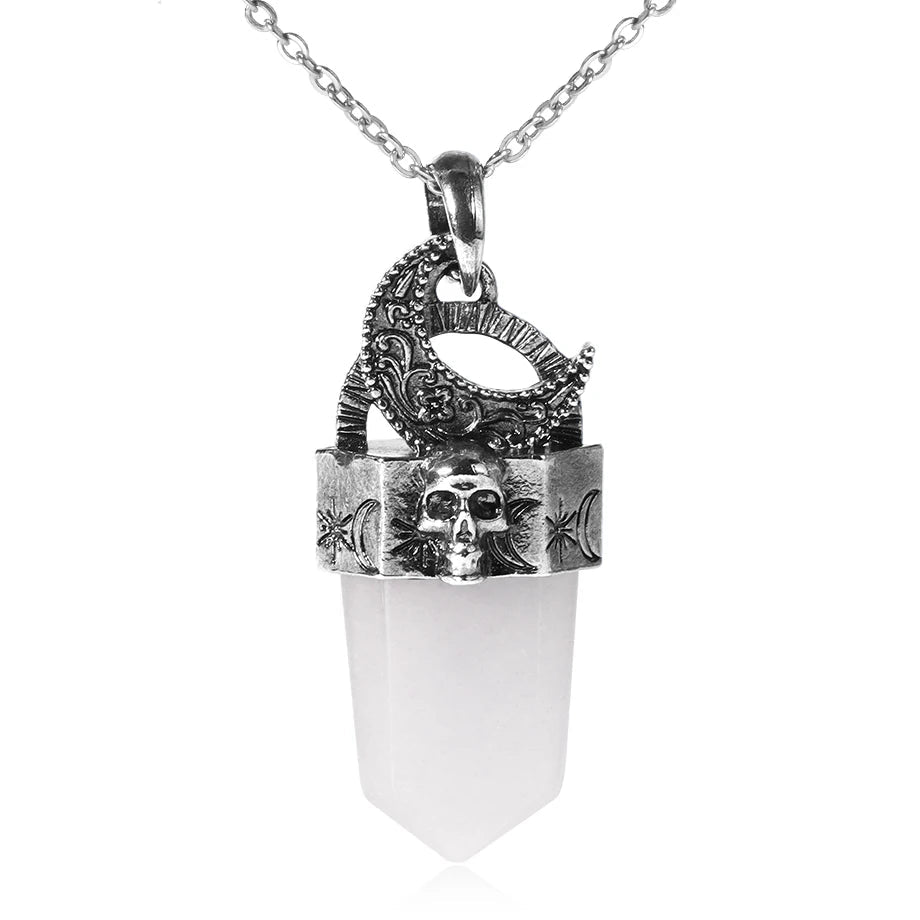 Skull & Crescent Moon Crystal Point Pendant Necklace | Natural Gemstone | Reiki Healing Jewelry