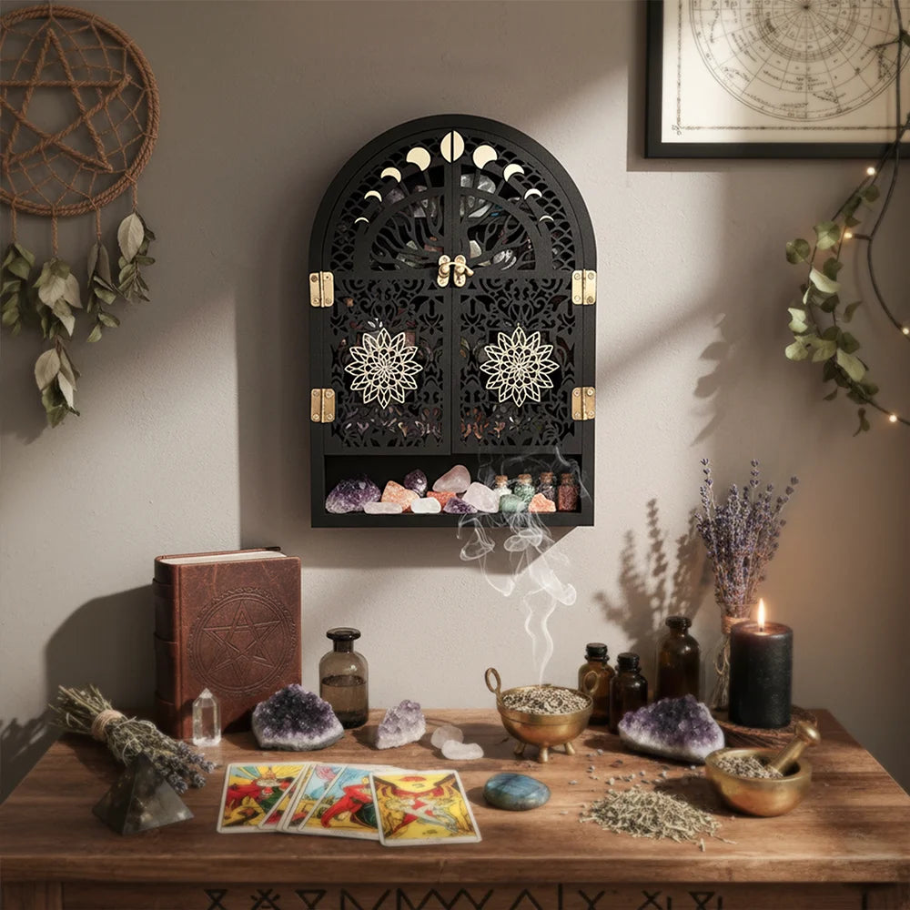Moon Phase & Tree of Life Crystal Display Cabinet – Large Wooden Arch Wall Shelf