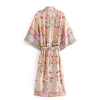 Floral Print Bat Sleeve Kimono Robe with Tassel Belt