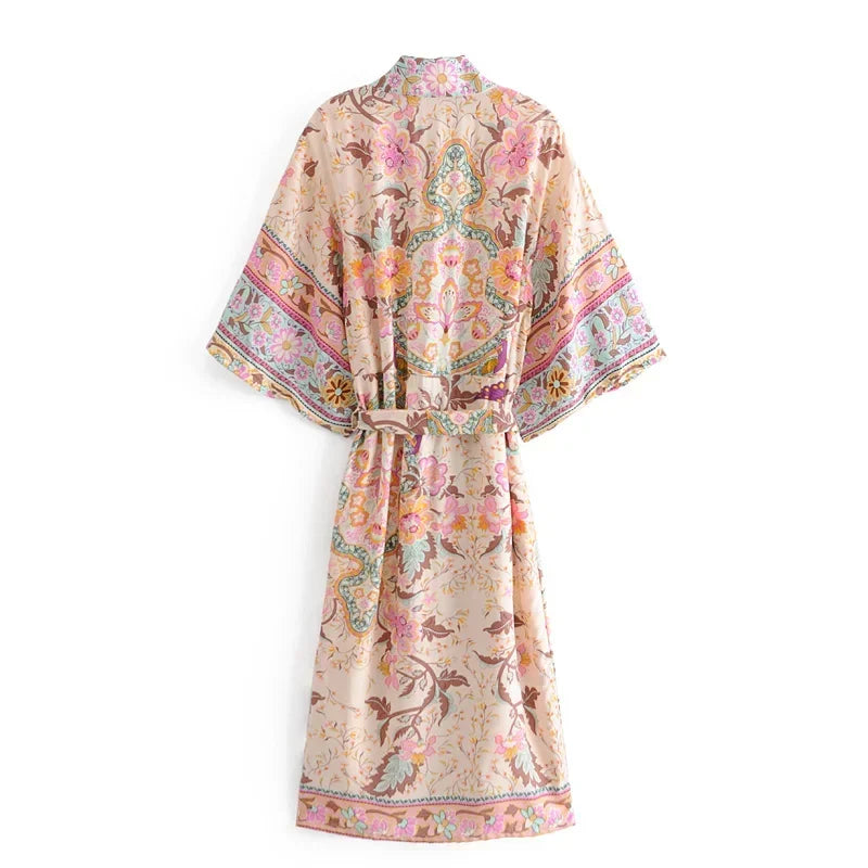 Floral Print Bat Sleeve Kimono Robe with Tassel Belt