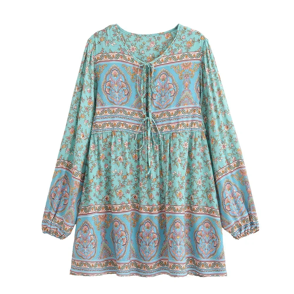 Floral Lantern Sleeve Boho Mini Dress