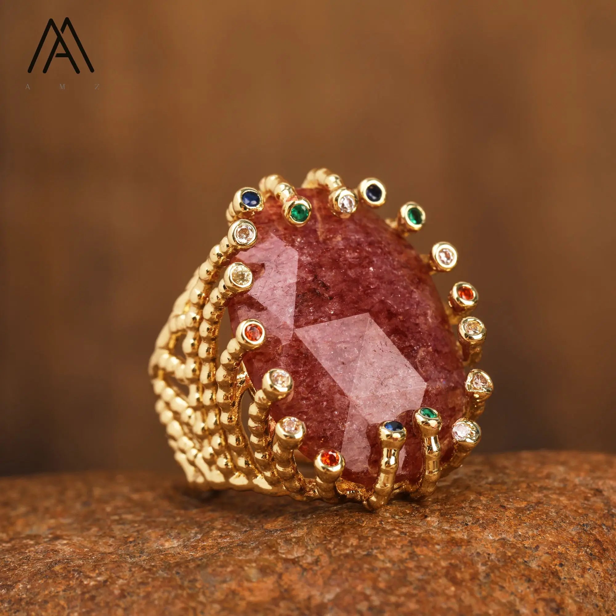 18K Gold-Plated Natural Gemstone Statement Ring – Healing Crystal Jewelry