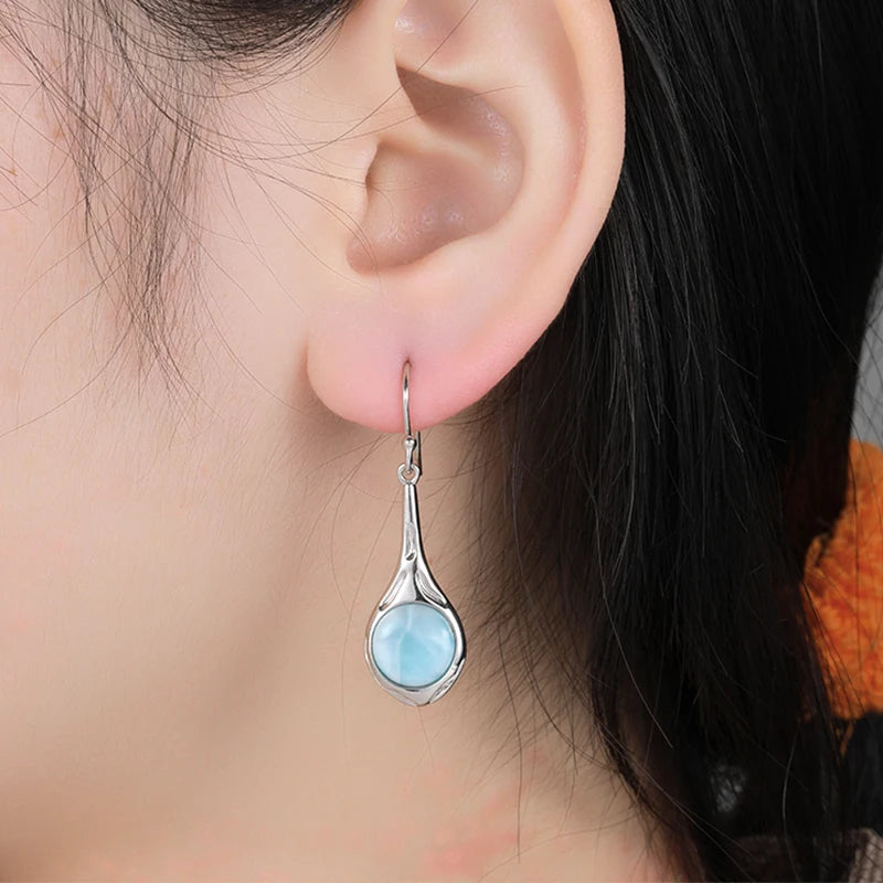 Larimar Round Drop Earrings, Open Silver Frame
