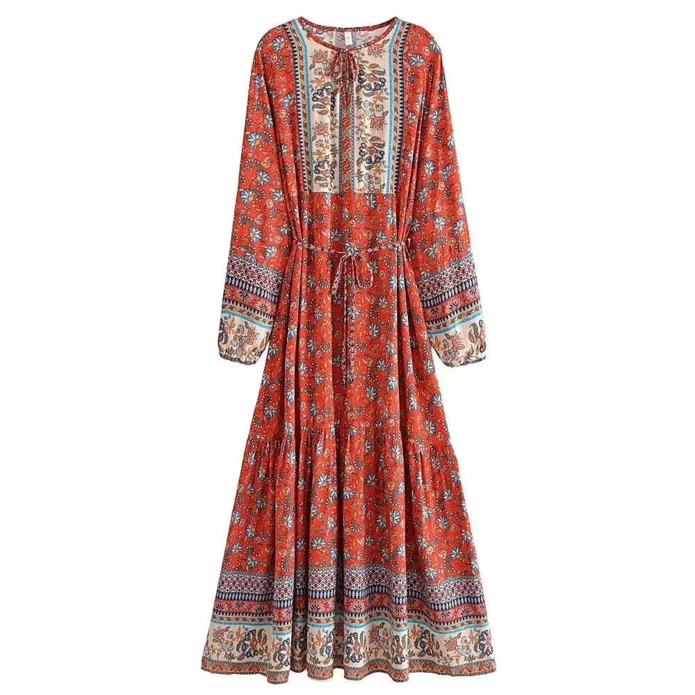 Boho Floral Maxi Dress with Long Sleeves
