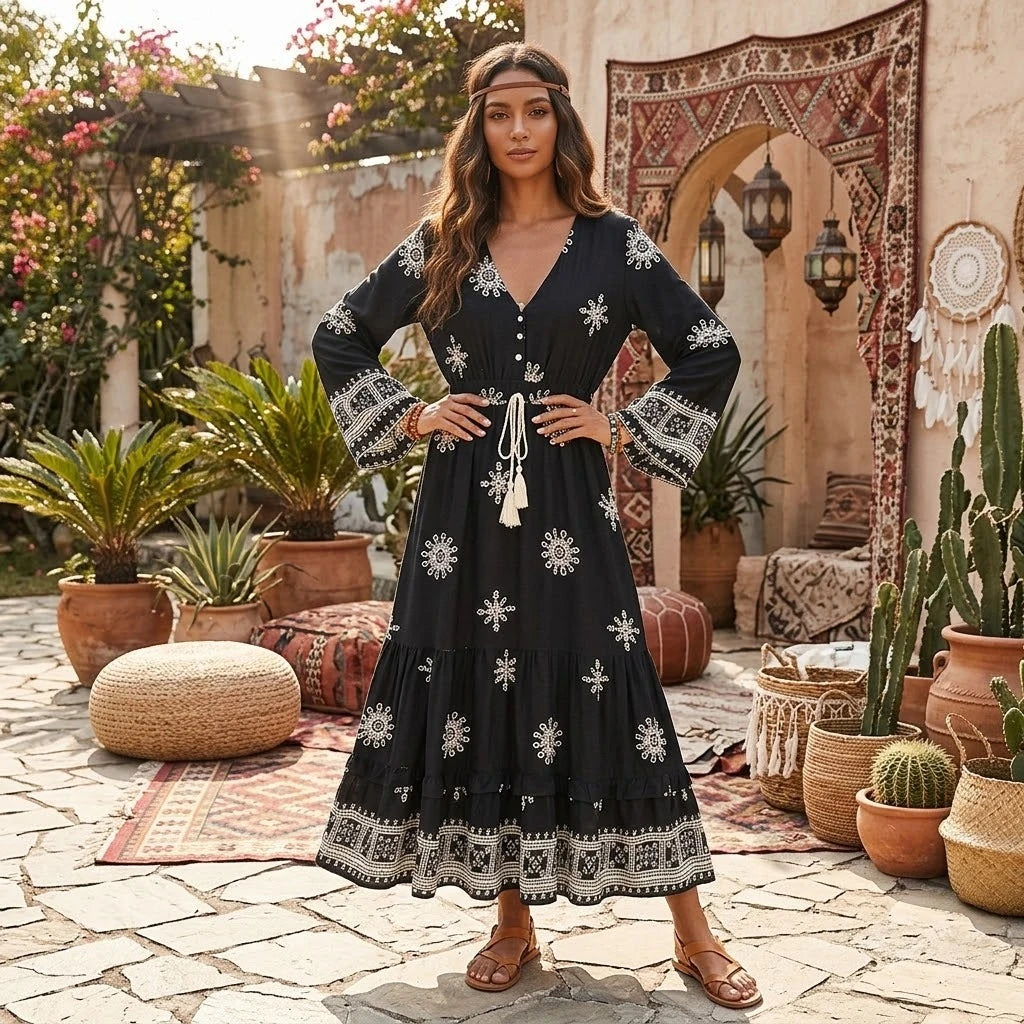 Boho Ethnic Floral Bell-Sleeve Maxi Dress