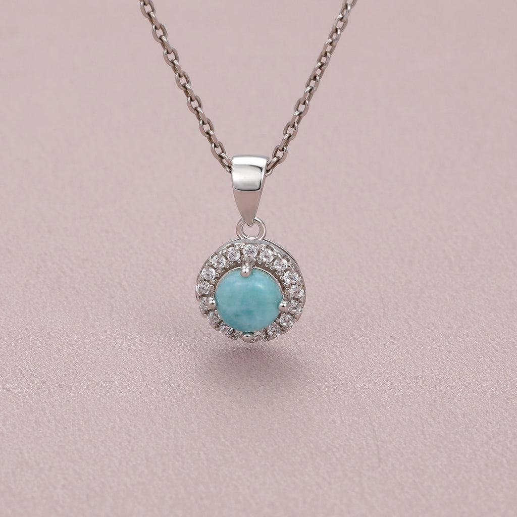 Larimar Flower Halo Earrings & Pendant Necklace Set, 925 Sterling Silver