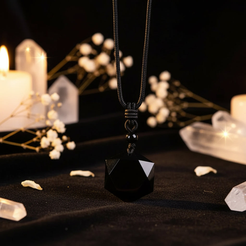Black Obsidian Hexagram Pendant Necklace — Sacred Geometry Protection Amulet