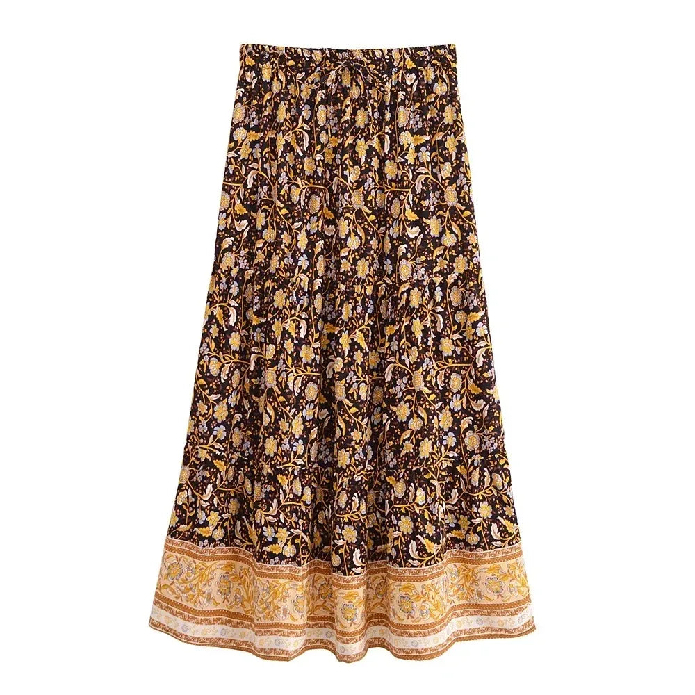 Floral Pleated Boho Maxi Skirt