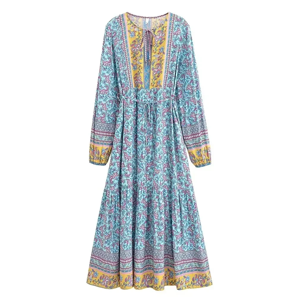 Boho Floral Maxi Dress with Long Sleeves