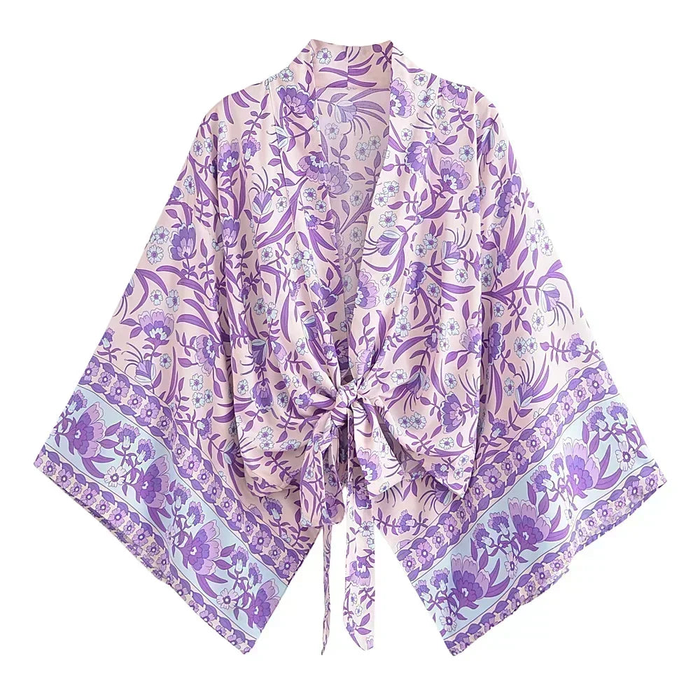 Floral Print Short Kimono with Batwing Sleeves