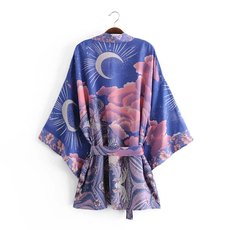 Star & Moon Floral Batwing Kimono Robe