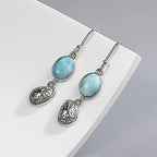 Larimar Oval Engraved Drop Earrings in 925 Sterling Silver