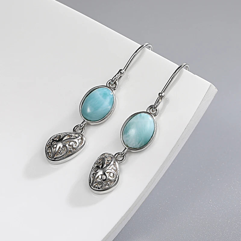 Larimar Oval Engraved Drop Earrings in 925 Sterling Silver