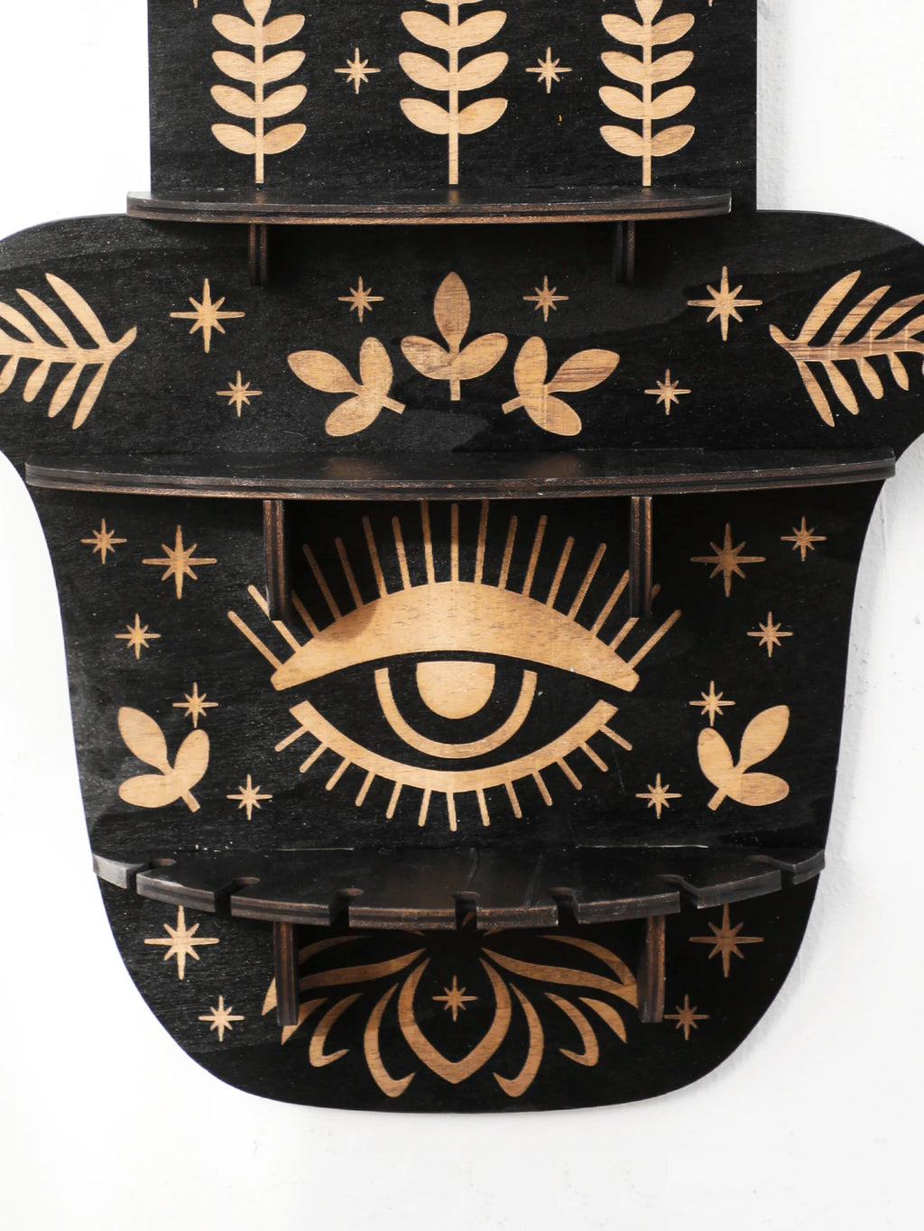 Hamsa Hand Crystal Wall Shelf – Evil Eye Wooden Display