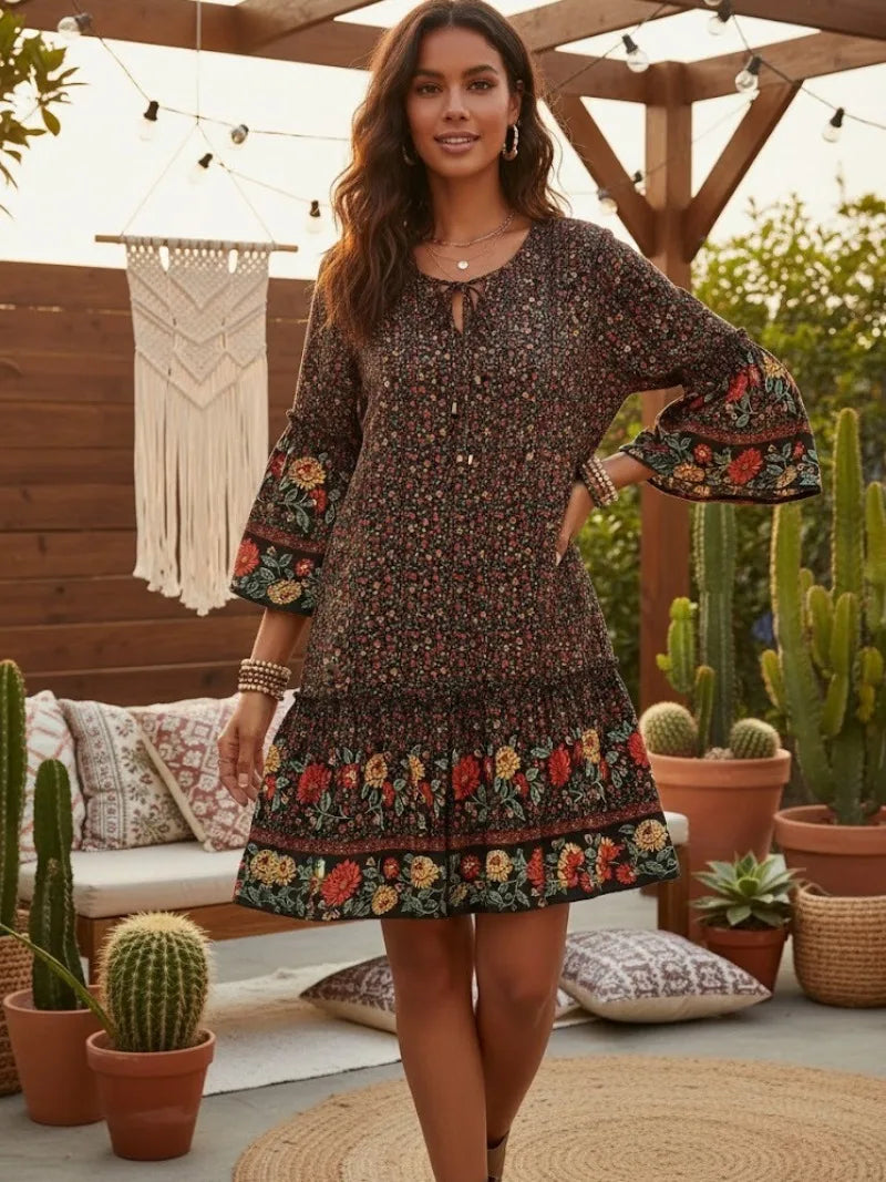 Wild Floral Tie-Neck Ruffle Boho Mini Dress