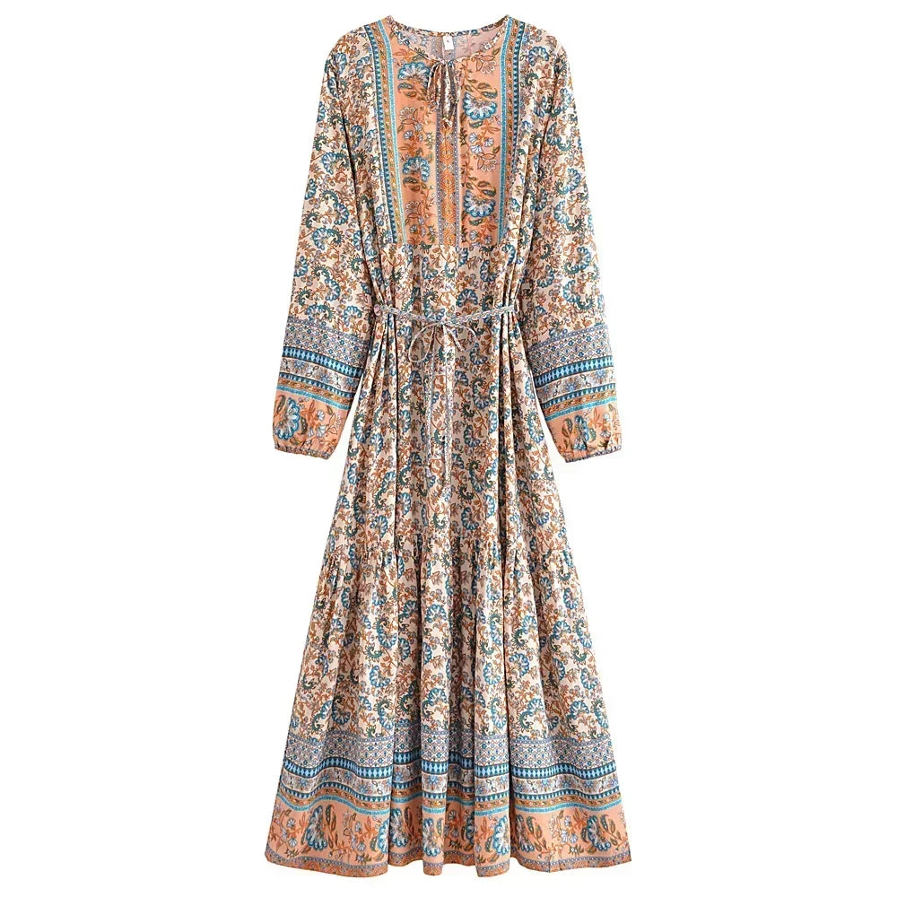 Boho Floral Maxi Dress with Long Sleeves