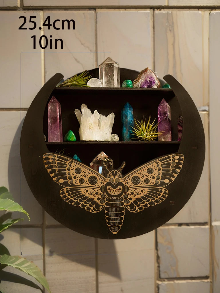 Round Moon Wall Shelf – 3-Tier Black Wooden Crystal Display