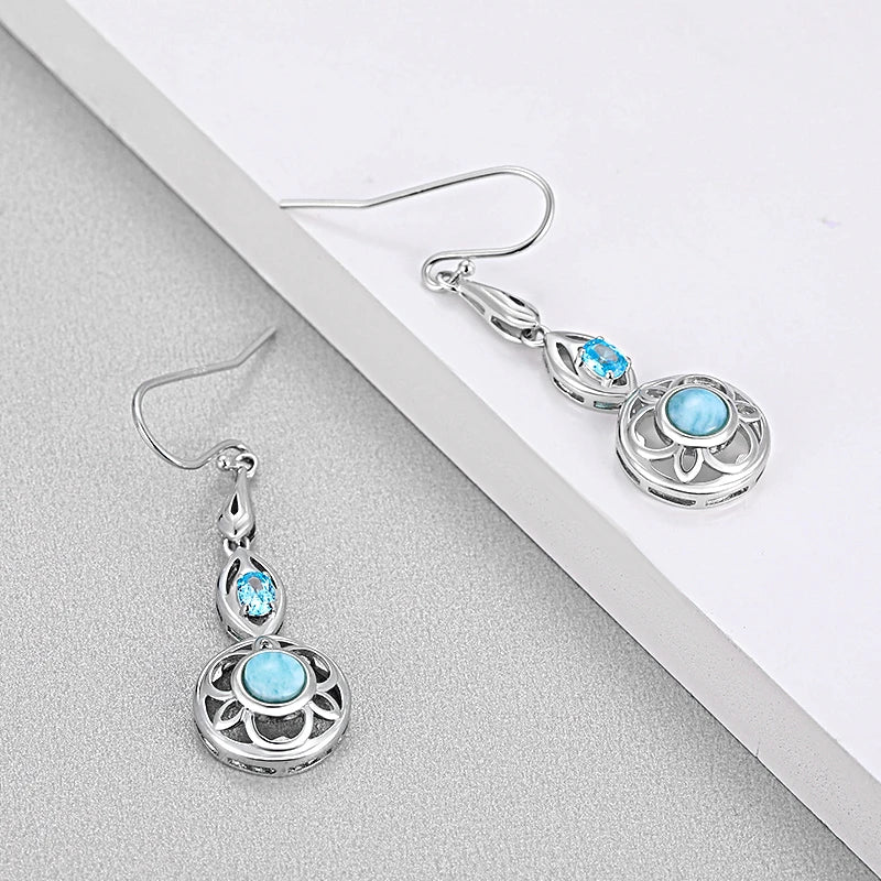 Larimar Filigree Medallion Drop Earrings, 925 Sterling Silver