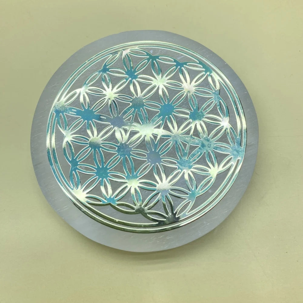 Engraved Selenite Charging Disc – Sacred Geometry Crystal Plate