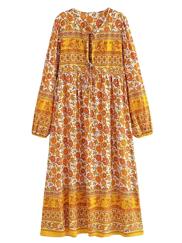 Long Sleeve Floral Print Lace-Up Boho Maxi Dress