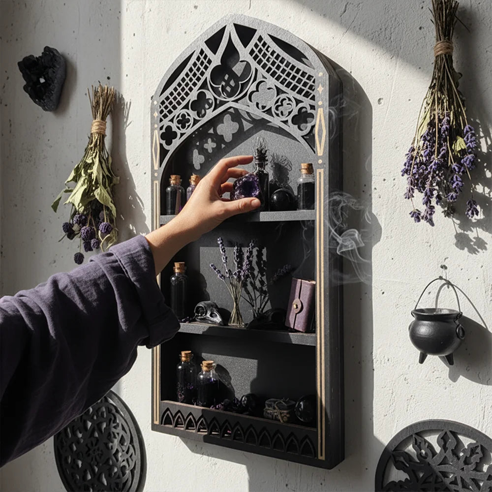 Gothic Arch Wall Cabinet – Wooden Crystal Display Case & Altar Organizer