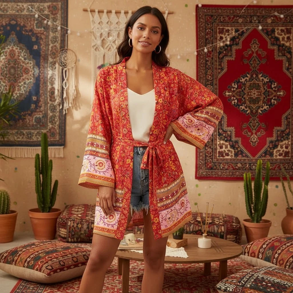 Boho Floral Batwing Short Kimono Robe