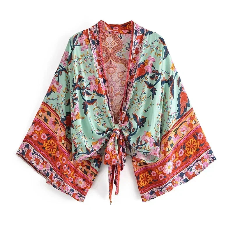 Floral Print Short Kimono with Batwing Sleeves