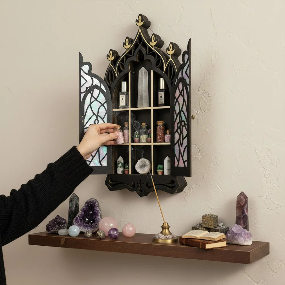 Gothic Church Arch Crystal Display Shelf – Wooden Wall Organizer